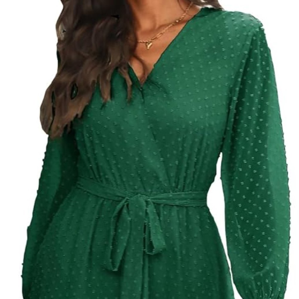 Womens Casual Party Dresses Long Sleeve Wrap V Neck Swiss Dot